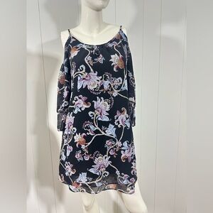 White House Black Market Sz S Petite Cold Shoulder A-Line Black Floral Dress